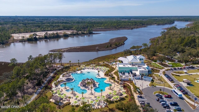 aerial view with a water view and a view of trees