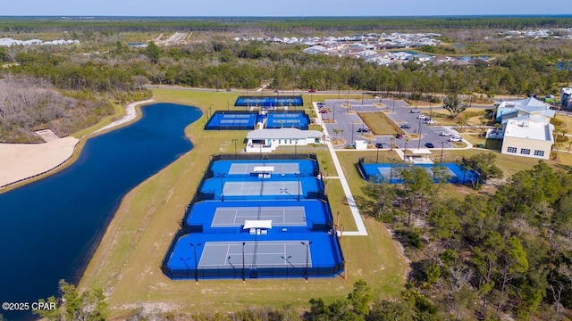 bird's eye view with a water view