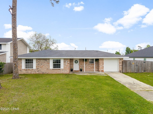single story home featuring a front yard, concrete driveway, fence, brick siding, and a garage