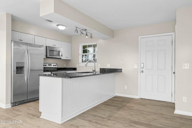 kitchen with a sink, dark countertops, visible vents, a peninsula, and appliances with stainless steel finishes