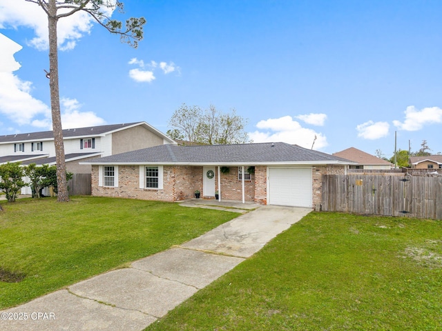 ranch-style home featuring fence, an attached garage, a front yard, brick siding, and driveway