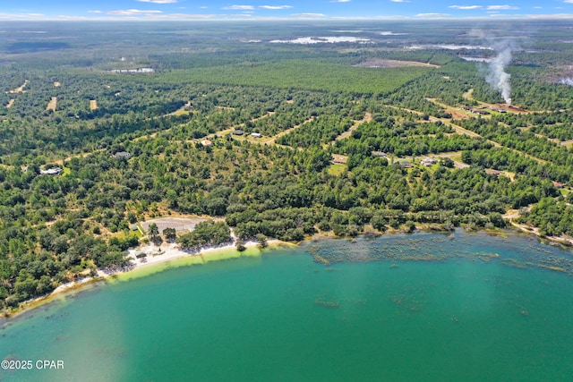 drone / aerial view featuring a view of trees and a water view
