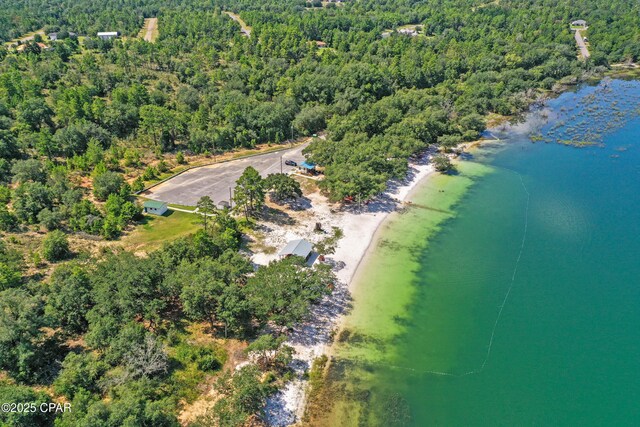 aerial view with a wooded view and a water view