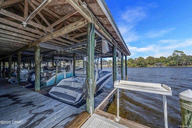 dock area with boat lift and a water view
