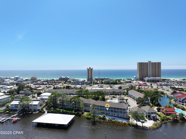 bird's eye view with a water view