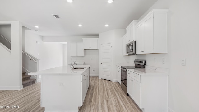 kitchen featuring appliances with stainless steel finishes, a sink, white cabinetry, light wood-type flooring, and visible vents