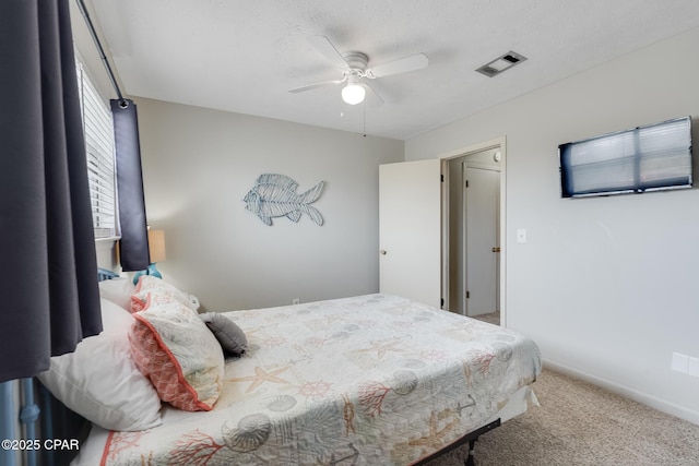 640 W Caladium Cir Unit A, Panama City Beach, FL 32413 - bedroom featuring a textured ceiling, visible vents, baseboards, a ceiling fan, and carpet floors
