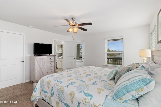 bedroom featuring multiple windows, a ceiling fan, and carpet floors