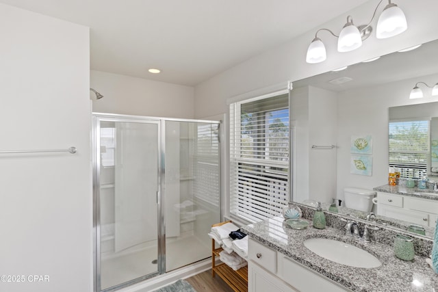 bathroom with a shower stall, wood finished floors, vanity, and toilet