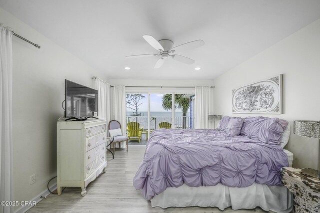7124 Leeward St, Port St Joe, FL 32456 - bedroom with access to exterior, light wood finished floors, recessed lighting, ceiling fan, and baseboards
