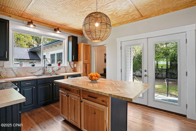 kitchen featuring wood ceiling, a sink, and light wood-type flooring