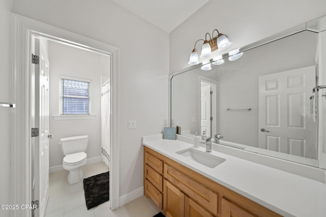 2015 Tupelo Ct, Panama City, FL 32405 - bathroom with vanity, baseboards, curtained shower, tile patterned floors, and toilet