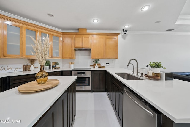 2015 Tupelo Ct, Panama City, FL 32405 - kitchen with crown molding, a peninsula, appliances with stainless steel finishes, light countertops, and a sink