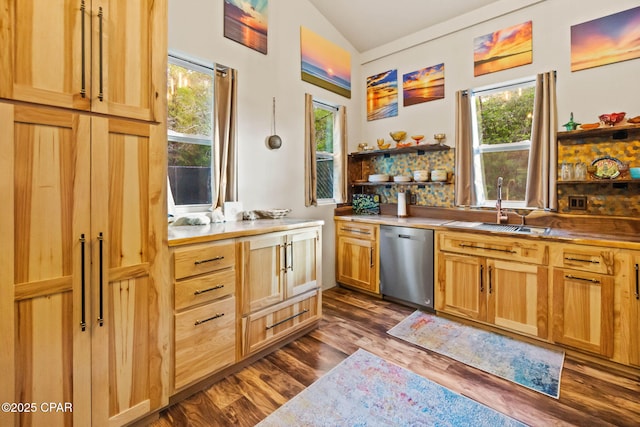 kitchen with open shelves, a sink, backsplash, dark wood-type flooring, and stainless steel dishwasher