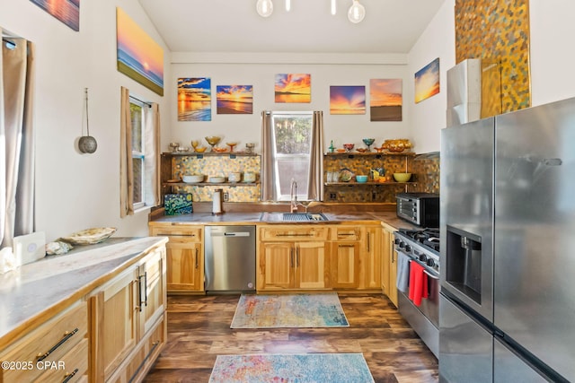 kitchen with a sink, appliances with stainless steel finishes, a toaster, and dark wood-style floors