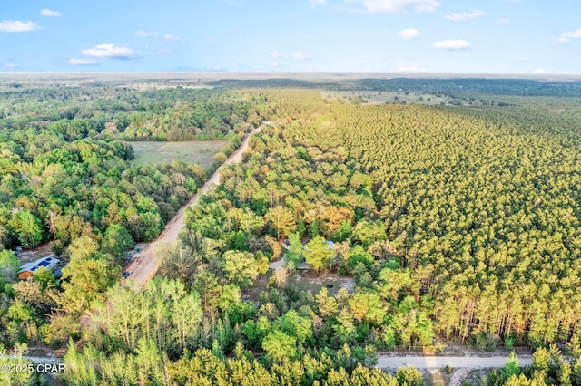 aerial view featuring a wooded view