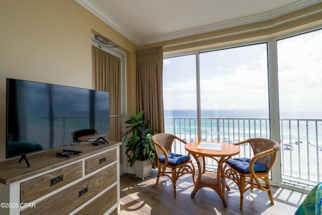 sunroom / solarium with a beach view and a water view