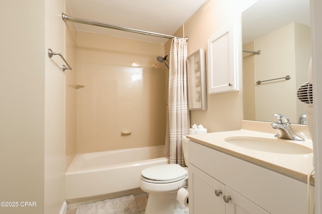 bathroom with toilet, vanity, tile patterned flooring, and shower / tub combo with curtain