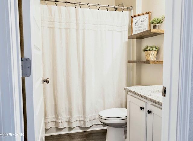 bathroom featuring vanity, toilet, and wood finished floors