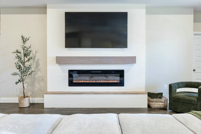 living room featuring wood finished floors, baseboards, and a glass covered fireplace
