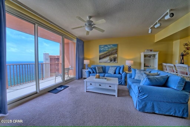 living area with ceiling fan, rail lighting, a textured ceiling, a water view, and carpet floors