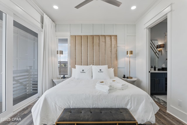 12401 Front Beach Rd, Panama City Beach, FL 32407 - bedroom with dark wood-type flooring, ceiling fan, connected bathroom, and recessed lighting
