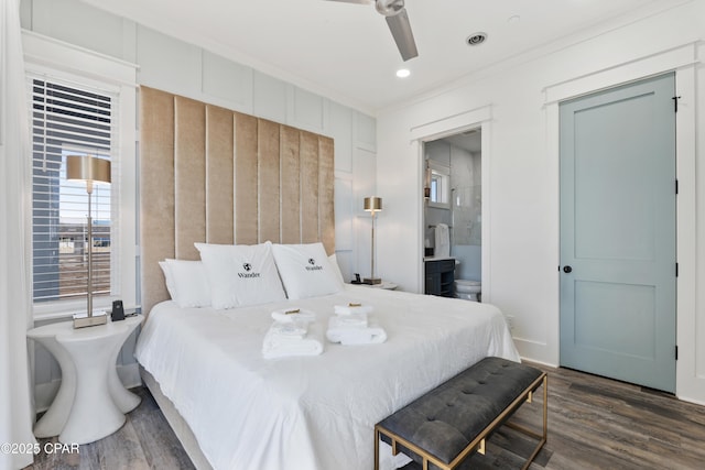 12401 Front Beach Rd, Panama City Beach, FL 32407 - bedroom featuring ceiling fan, dark wood finished floors, ensuite bath, ornamental molding, and recessed lighting