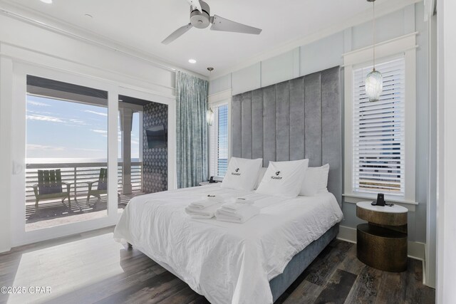12401 Front Beach Rd, Panama City Beach, FL 32407 - bedroom featuring dark wood-type flooring, access to outside, ceiling fan, and baseboards