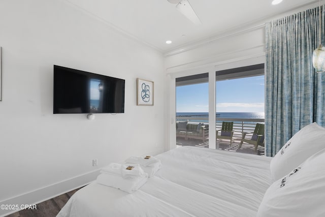 12401 Front Beach Rd, Panama City Beach, FL 32407 - bedroom featuring access to outside, baseboards, recessed lighting, crown molding, and wood finished floors