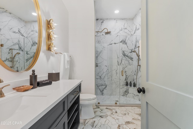 12401 Front Beach Rd, Panama City Beach, FL 32407 - bathroom with recessed lighting, toilet, vanity, and a marble finish shower