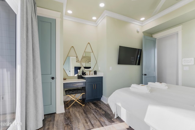 12401 Front Beach Rd, Panama City Beach, FL 32407 - bedroom with dark wood-type flooring, baseboards, recessed lighting, and crown molding