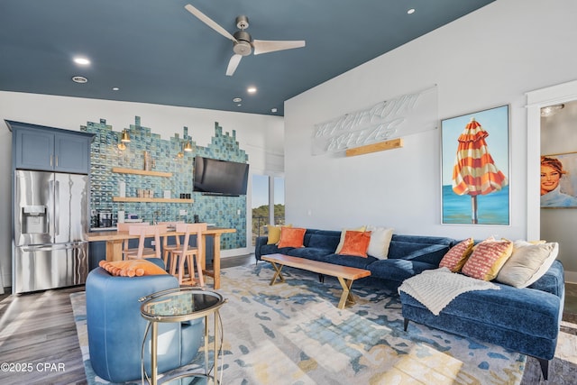12401 Front Beach Rd, Panama City Beach, FL 32407 - living room featuring ceiling fan, recessed lighting, and wood finished floors