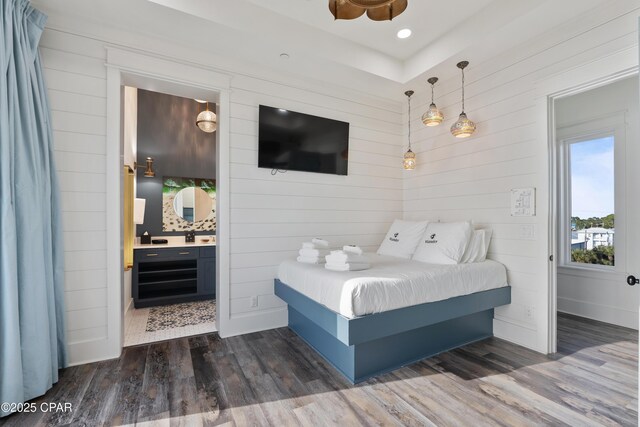 12401 Front Beach Rd, Panama City Beach, FL 32407 - bedroom with recessed lighting, dark wood-style floors, baseboards, and ensuite bathroom