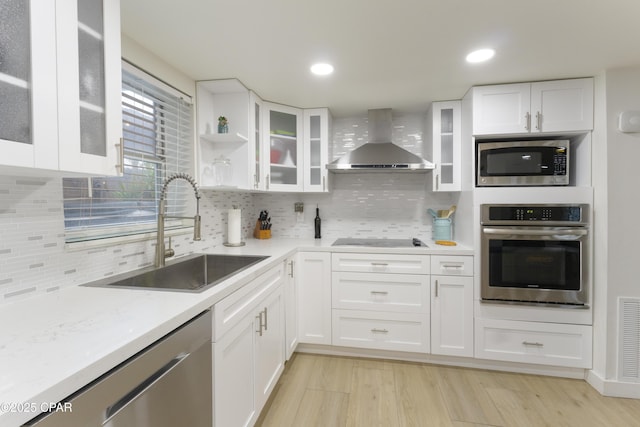 kitchen featuring a sink, stainless steel appliances, wall chimney exhaust hood, and white cabinetry
