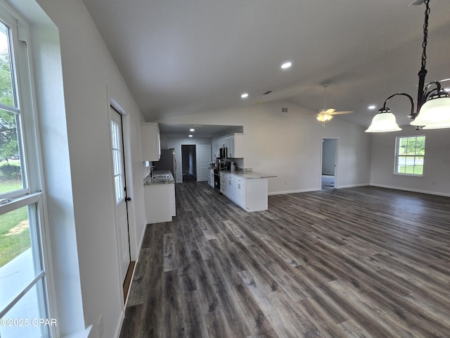 4610 Pineview Dr, Marianna, FL 32446 - unfurnished living room featuring lofted ceiling, dark wood-type flooring, ceiling fan, and recessed lighting