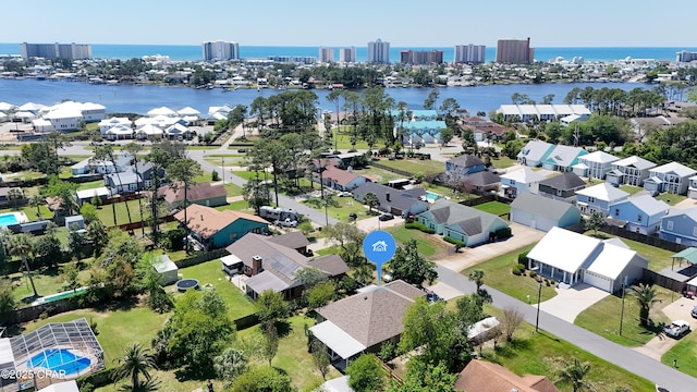aerial view featuring a water view