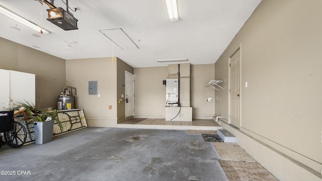 garage with electric water heater, a garage door opener, heating unit, and electric panel