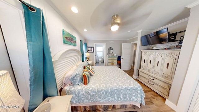 1314 Mcclelland Ave, Port St Joe, FL 32456 - bedroom featuring ornamental molding, light wood-type flooring, ceiling fan, recessed lighting, and baseboards