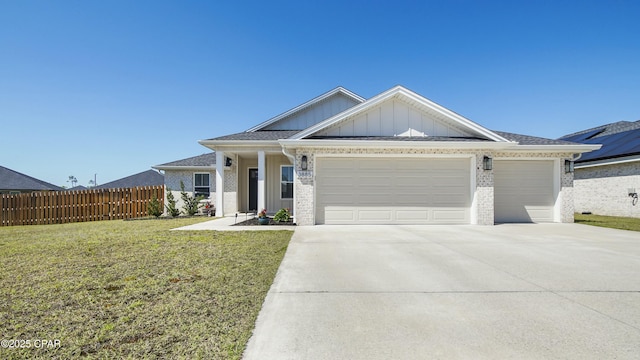 single story home with board and batten siding, driveway, a garage, and brick siding