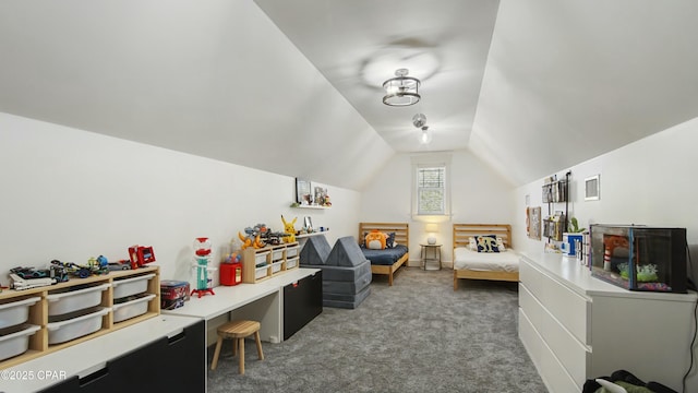 bedroom with carpet flooring and vaulted ceiling