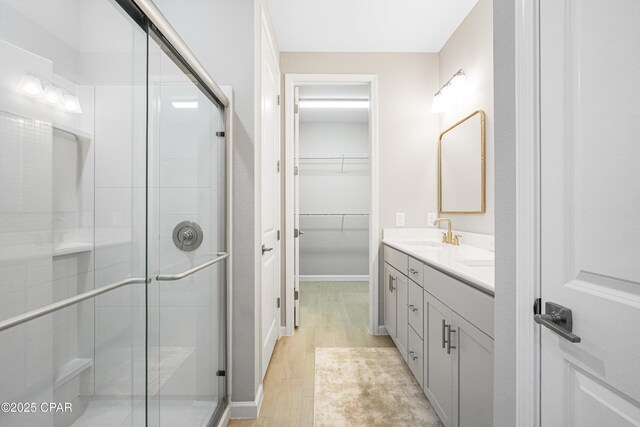bathroom with a shower stall, a spacious closet, wood finished floors, double vanity, and a sink