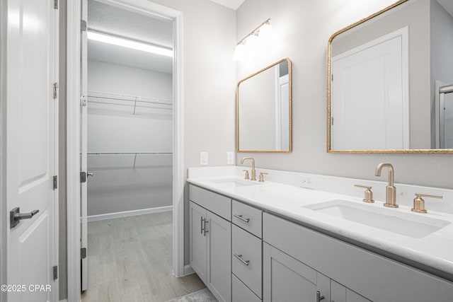 full bathroom with a walk in closet, wood finished floors, a sink, and double vanity
