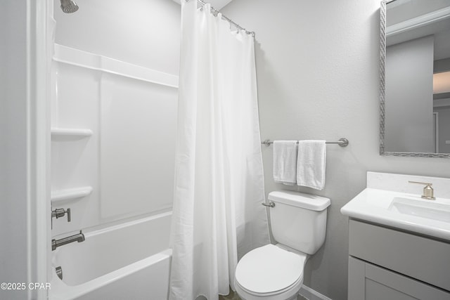 full bathroom featuring shower / bath combination with curtain, vanity, and toilet