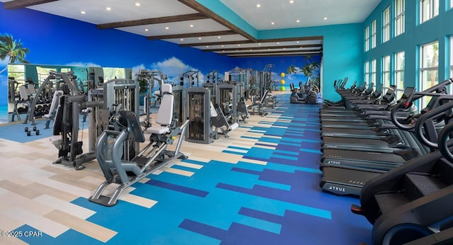 gym featuring recessed lighting and carpet floors