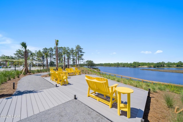 view of property's community with a deck with water view