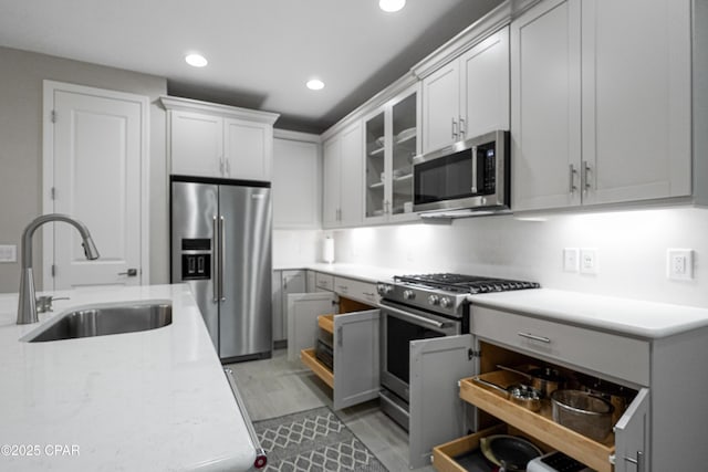 kitchen with a sink, glass insert cabinets, stainless steel appliances, light countertops, and recessed lighting