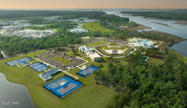 birds eye view of property featuring a water view