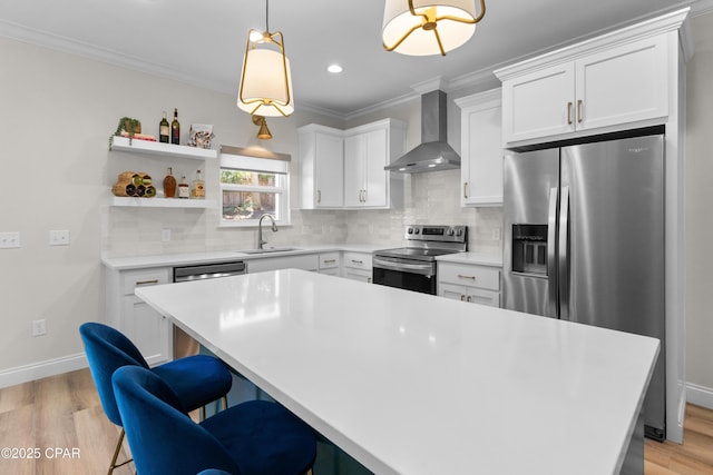 1106 E 3rd St, Panama City, FL 32401 - kitchen with light wood-type flooring, a sink, appliances with stainless steel finishes, and wall chimney exhaust hood