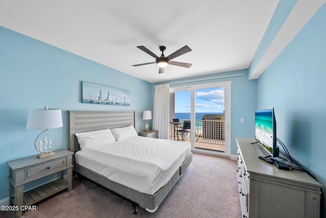 bedroom with access to exterior, light carpet, baseboards, and ceiling fan