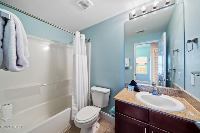 bathroom with toilet, shower / bath combination with curtain, vanity, tile patterned floors, and baseboards